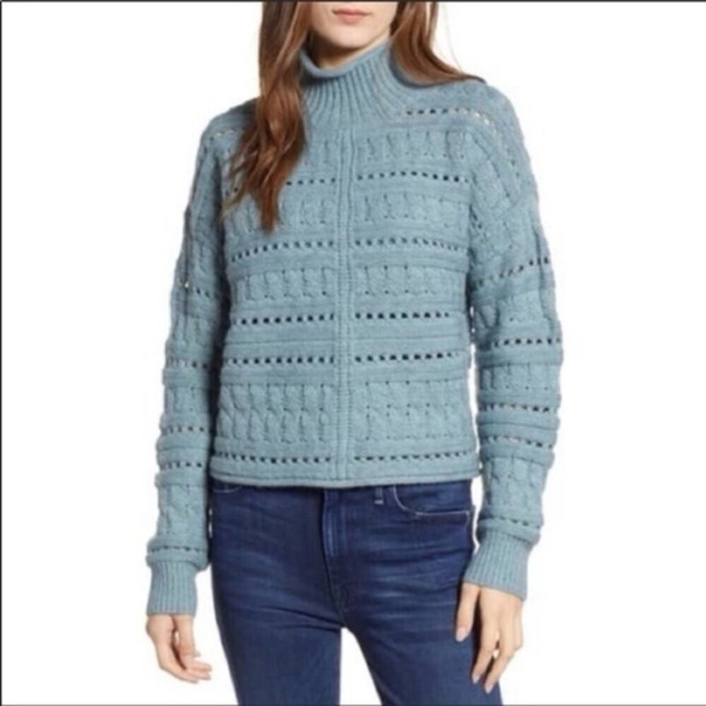 hinge Light Blue Cable Knit Turtleneck Sweater